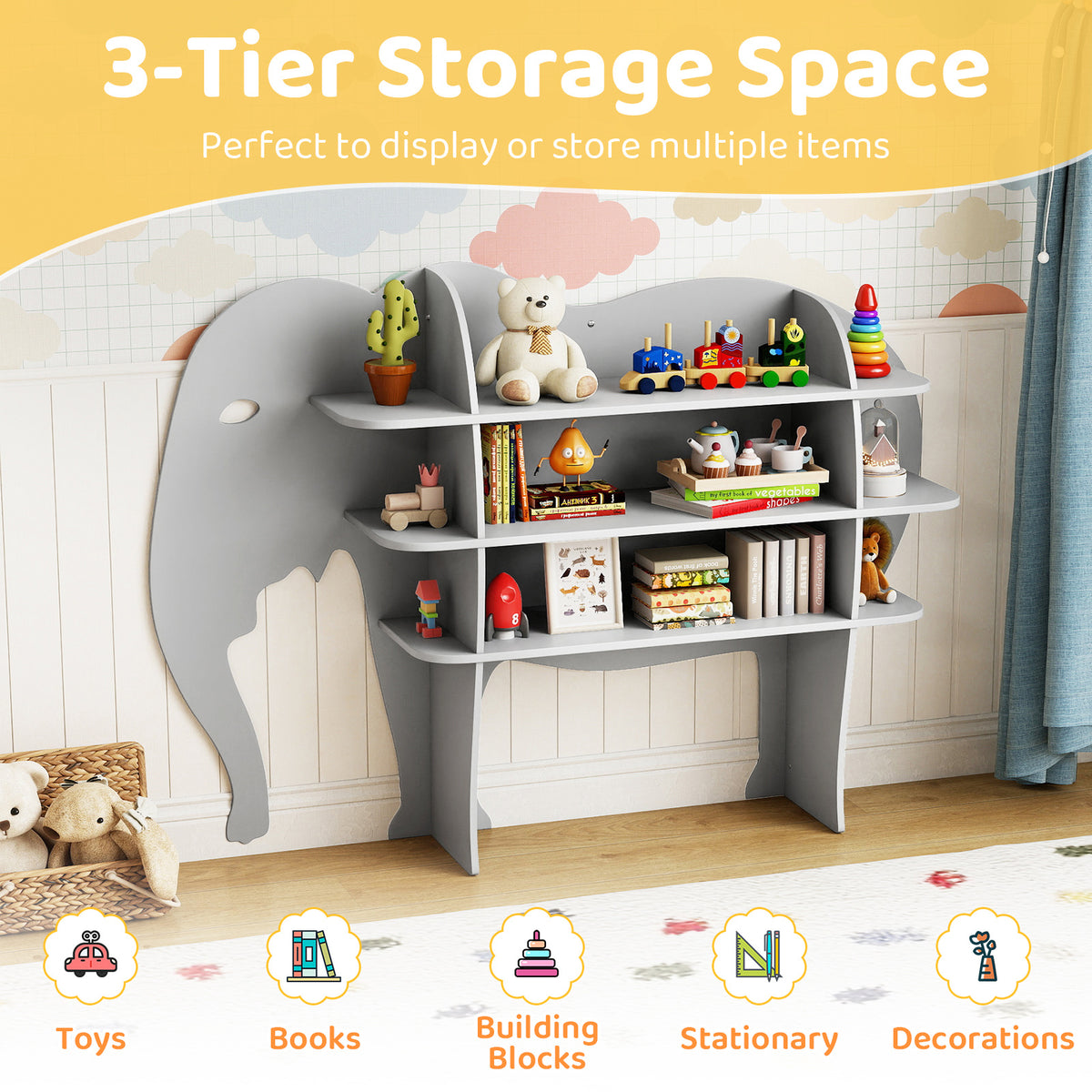 Elephant Kids Bookshelf, 3-Tier Toddler Bookcase for Toy Storage