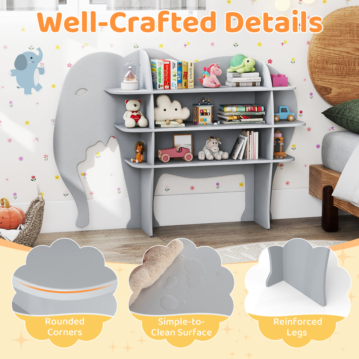 Elephant Kids Bookshelf, 3-Tier Toddler Bookcase for Toy Storage