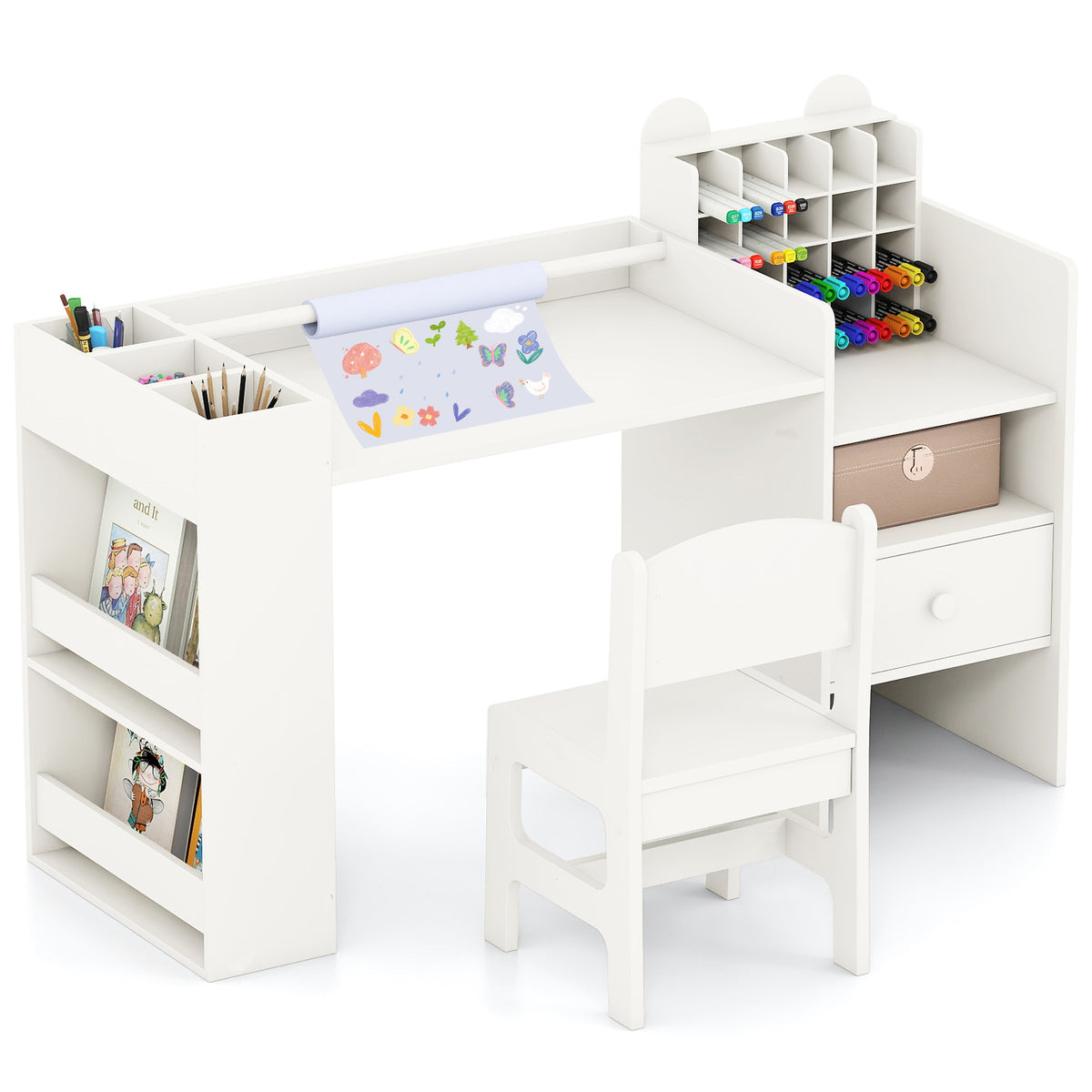 Kids Art Table & Chair Set, Toddler Painting Desk w/Detachable Paper Roll Holder & Cubby Cabinet