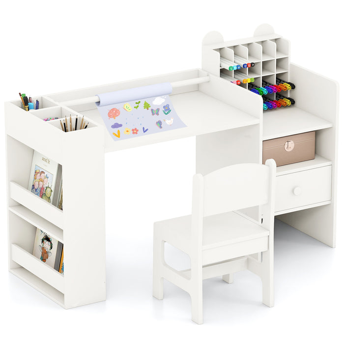Kids Art Table & Chair Set, Toddler Painting Desk w/Detachable Paper Roll Holder & Cubby Cabinet