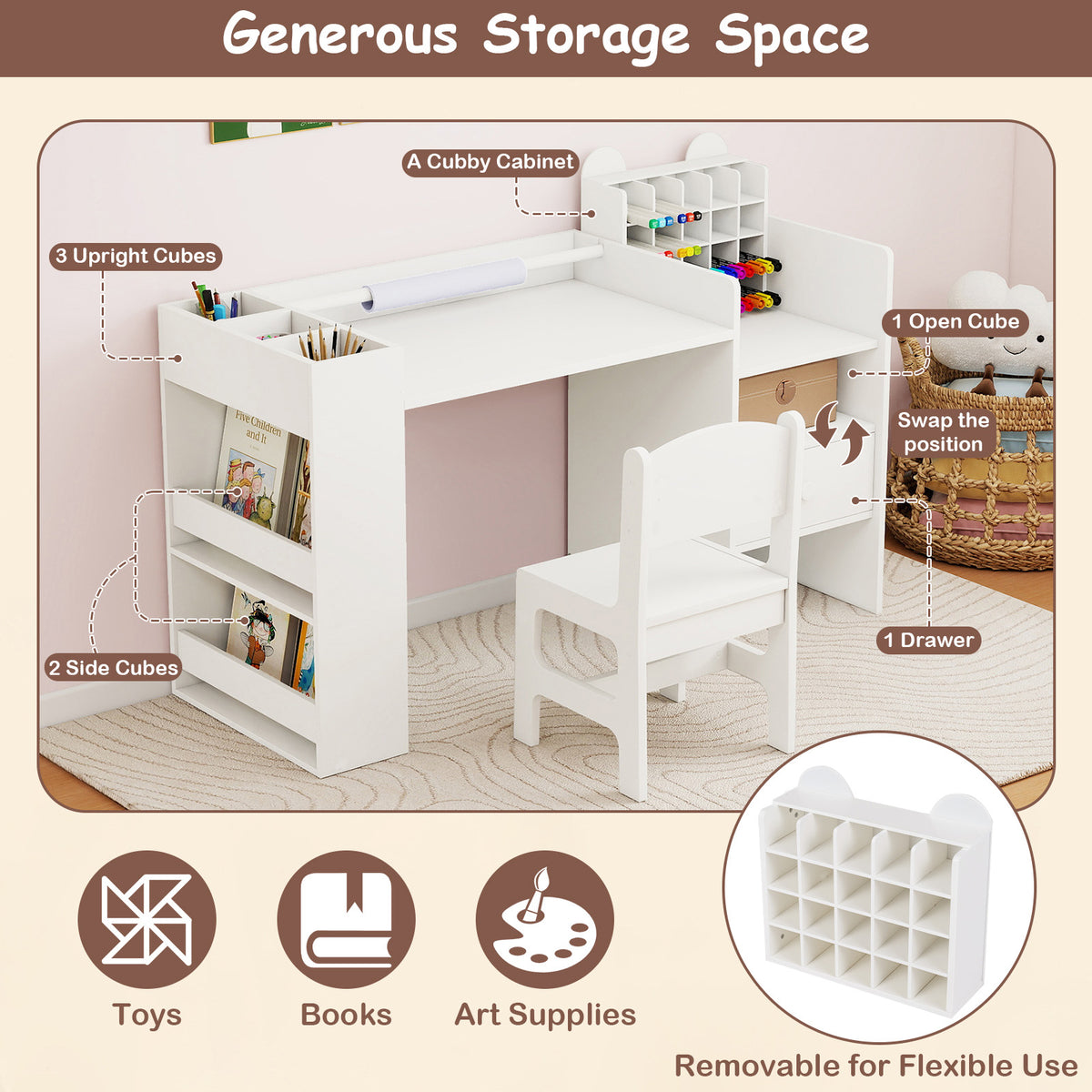 Kids Art Table & Chair Set, Toddler Painting Desk w/Detachable Paper Roll Holder & Cubby Cabinet