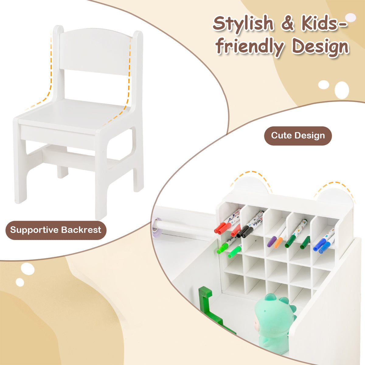 Kids Art Table & Chair Set, Toddler Painting Desk w/Detachable Paper Roll Holder & Cubby Cabinet