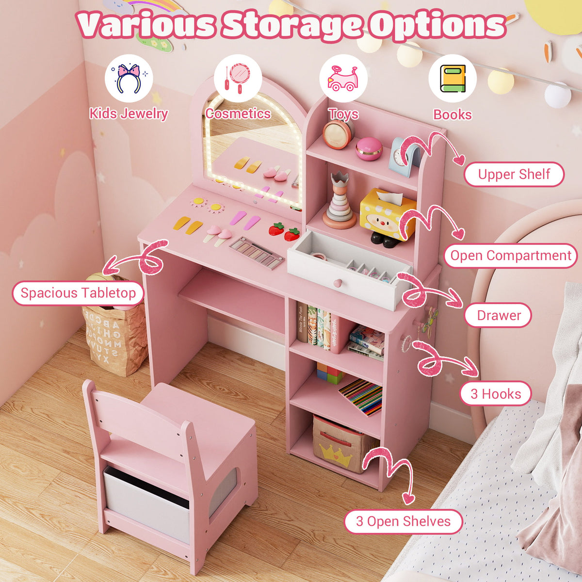Kids Vanity Set, Princess Girls Makeup Vanity Desk with Chair