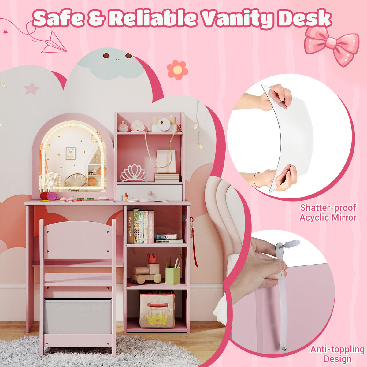 Kids Vanity Set, Princess Girls Makeup Vanity Desk with Chair