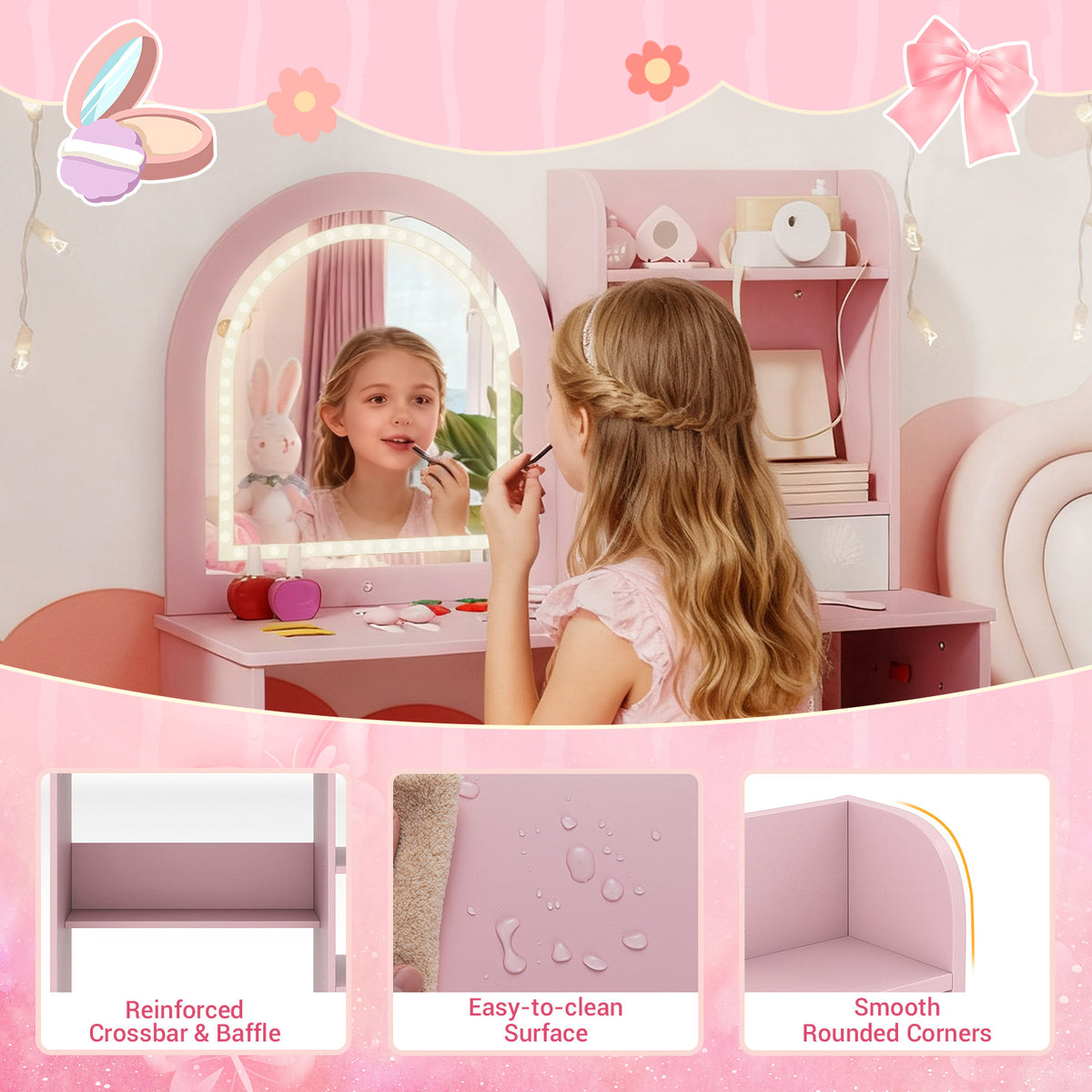 Kids Vanity Set, Princess Girls Makeup Vanity Desk with Chair