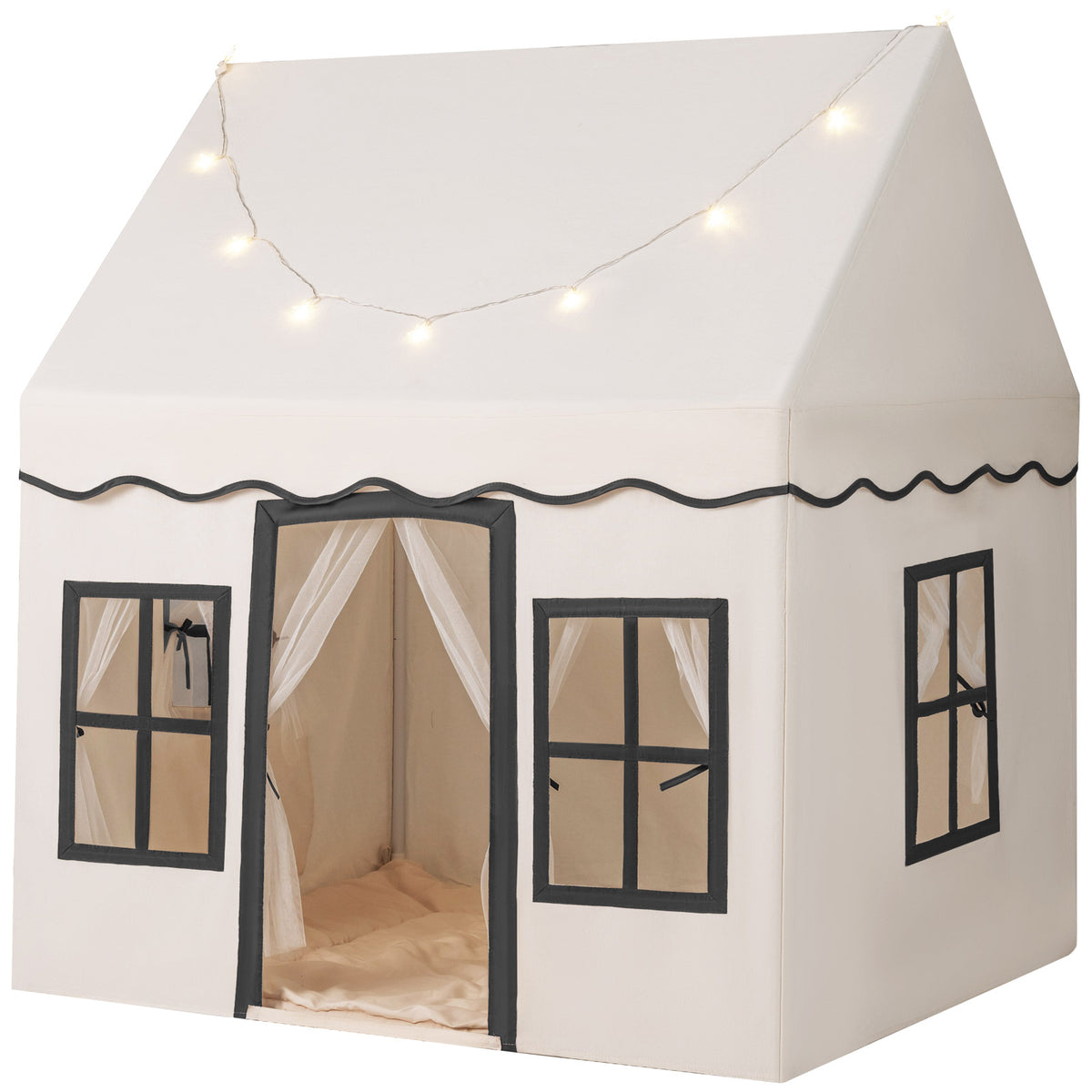 Kids Play Tent, Large Playhouse w/Star String Lights & Flag Banner, Washable Anti-Slip Coral Velvet Mat