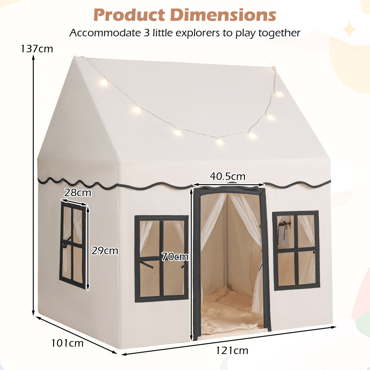 Kids Play Tent, Large Playhouse w/Star String Lights & Flag Banner, Washable Anti-Slip Coral Velvet Mat