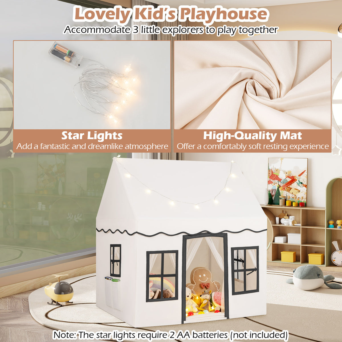 Kids Play Tent, Large Playhouse w/Star String Lights & Flag Banner, Washable Anti-Slip Coral Velvet Mat