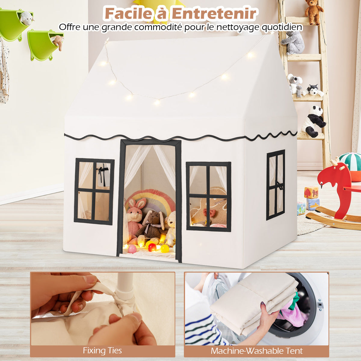 Kids Play Tent, Large Playhouse w/Star String Lights & Flag Banner, Washable Anti-Slip Coral Velvet Mat