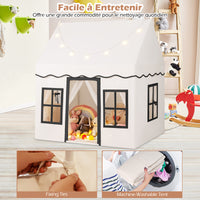 Kids Play Tent, Large Playhouse w/Star String Lights & Flag Banner, Washable Anti-Slip Coral Velvet Mat