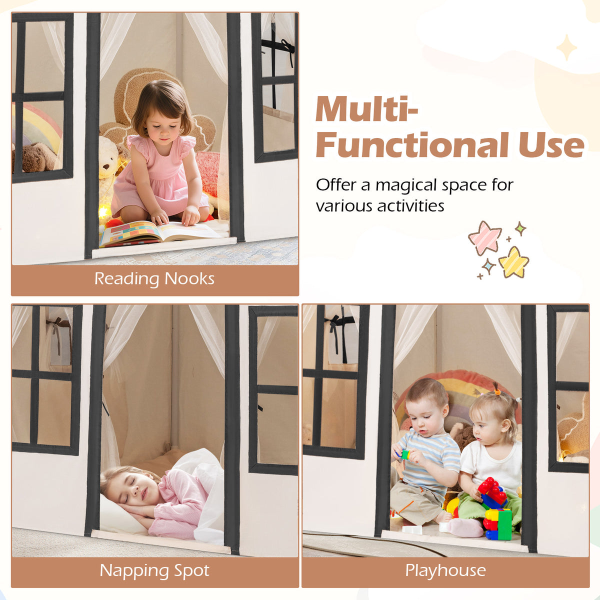 Kids Play Tent, Large Playhouse w/Star String Lights & Flag Banner, Washable Anti-Slip Coral Velvet Mat