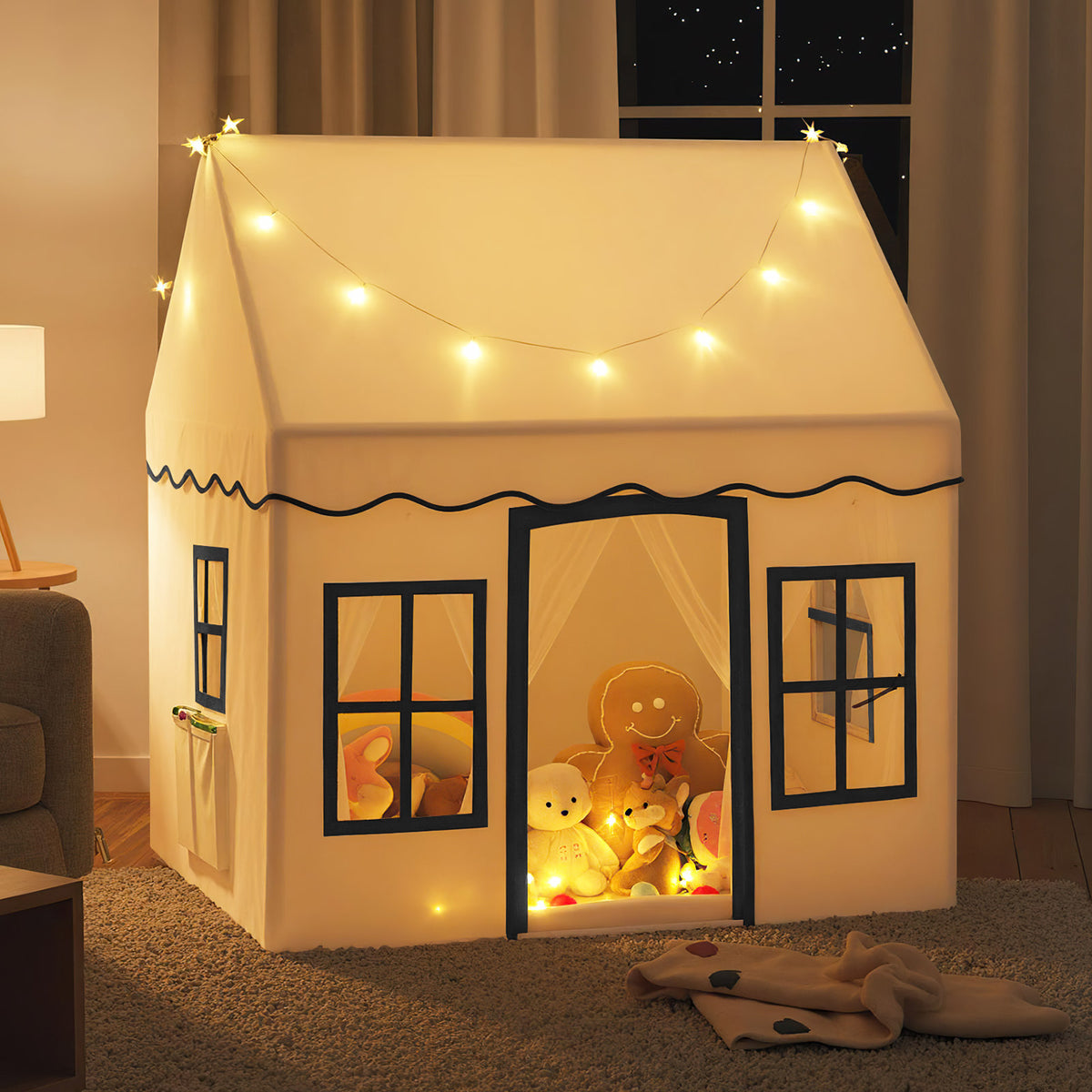Kids Play Tent, Large Playhouse w/Star String Lights & Flag Banner, Washable Anti-Slip Coral Velvet Mat