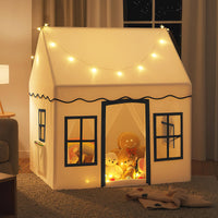 Kids Play Tent, Large Playhouse w/Star String Lights & Flag Banner, Washable Anti-Slip Coral Velvet Mat