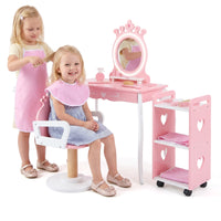 Kids Hair Salon Play Set with LED Lighted Mirror, Wooden Pretend Hair Salon Station