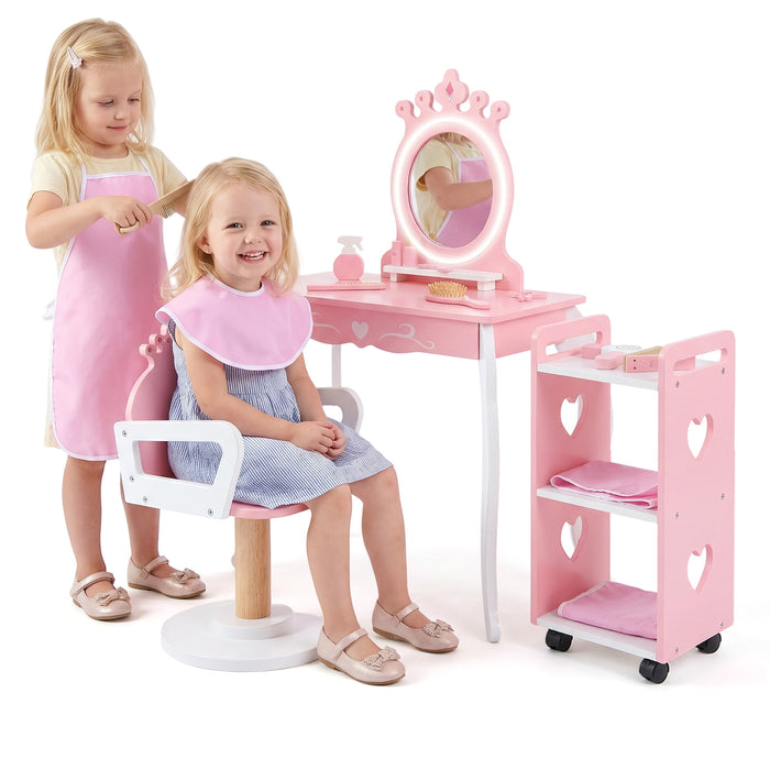 Kids Hair Salon Play Set with LED Lighted Mirror, Wooden Pretend Hair Salon Station