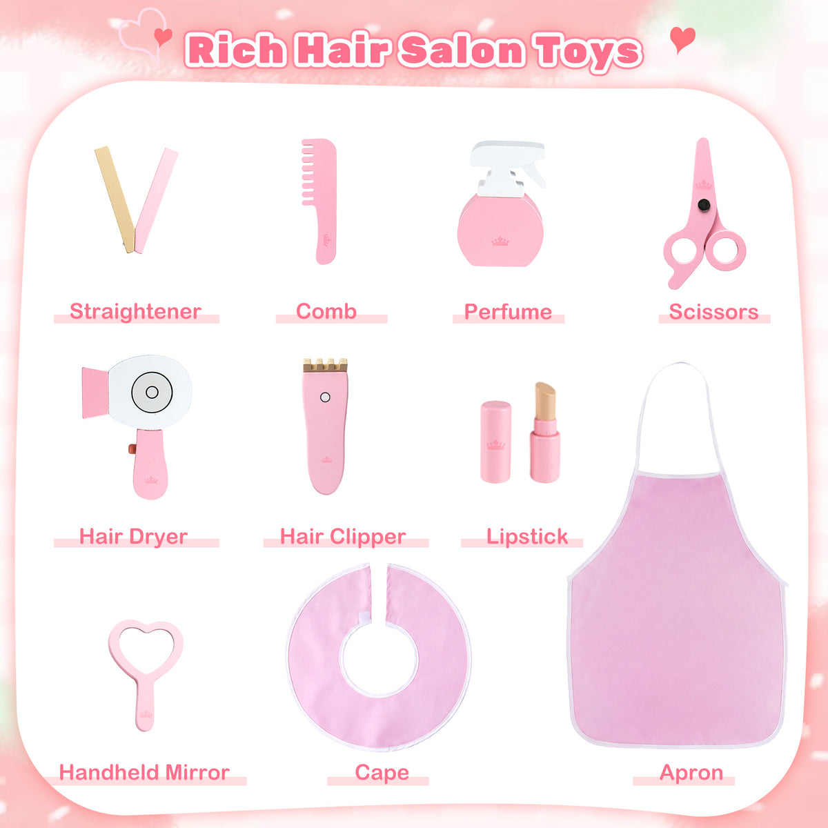 Kids Hair Salon Play Set with LED Lighted Mirror, Wooden Pretend Hair Salon Station
