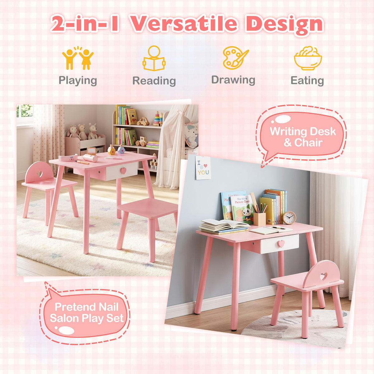 Kids Pretend Nail Salon Playset with Chair & Stool, Wooden Toddlers Makeup & Manicure Kit