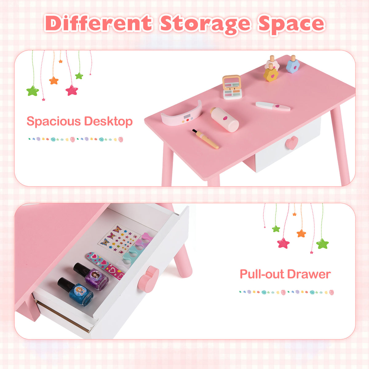 Kids Pretend Nail Salon Playset with Chair & Stool, Wooden Toddlers Makeup & Manicure Kit
