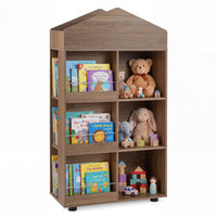 Wooden Kids Bookshelf and Toy Storage, Toddler Dollhouse Bookcase with Multiple Compartments