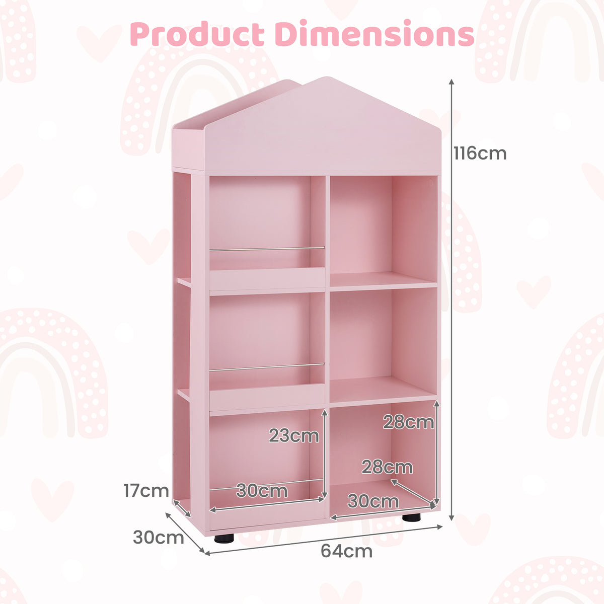 Wooden Kids Bookshelf and Toy Storage, Toddler Dollhouse Bookcase with Multiple Compartments