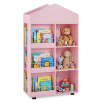 Wooden Kids Bookshelf and Toy Storage, Toddler Dollhouse Bookcase with Multiple Compartments
