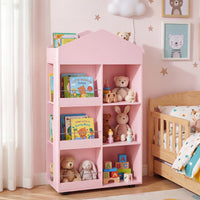Wooden Kids Bookshelf and Toy Storage, Toddler Dollhouse Bookcase with Multiple Compartments