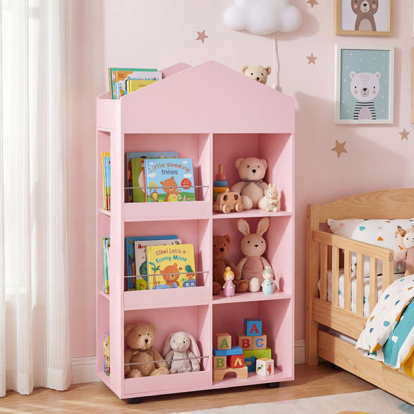 Wooden Kids Bookshelf and Toy Storage, Toddler Dollhouse Bookcase with Multiple Compartments