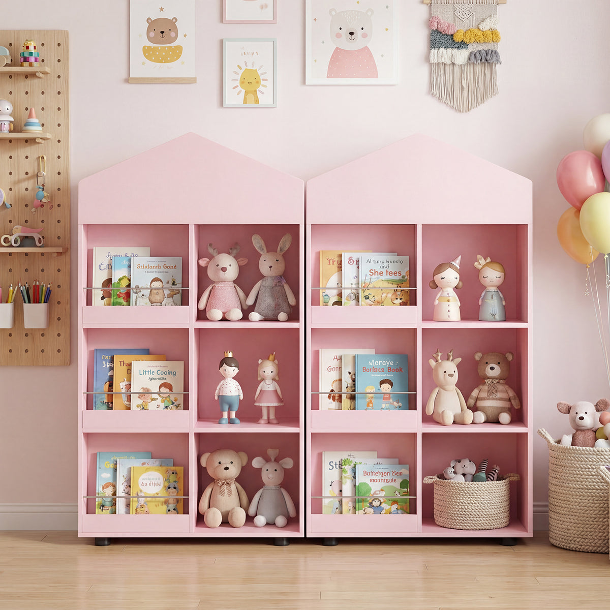 Wooden Kids Bookshelf and Toy Storage, Toddler Dollhouse Bookcase with Multiple Compartments