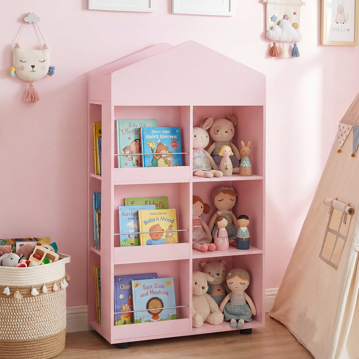 Wooden Kids Bookshelf and Toy Storage, Toddler Dollhouse Bookcase with Multiple Compartments