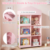 Wooden Kids Bookshelf and Toy Storage, Toddler Dollhouse Bookcase with Multiple Compartments