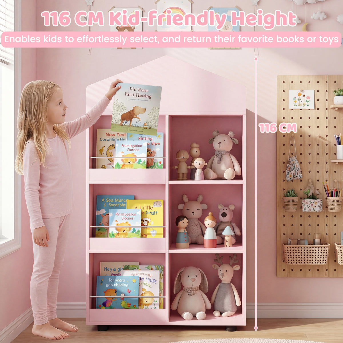 Wooden Kids Bookshelf and Toy Storage, Toddler Dollhouse Bookcase with Multiple Compartments