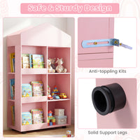 Wooden Kids Bookshelf and Toy Storage, Toddler Dollhouse Bookcase with Multiple Compartments