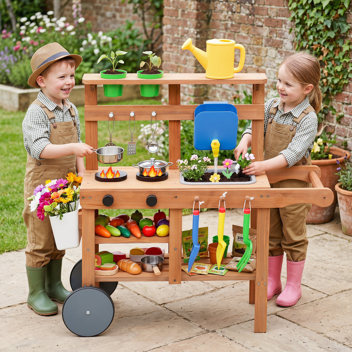Rolling Outdoor Play Kitchen with Wheels for Boys Girls Ages 3 Plus