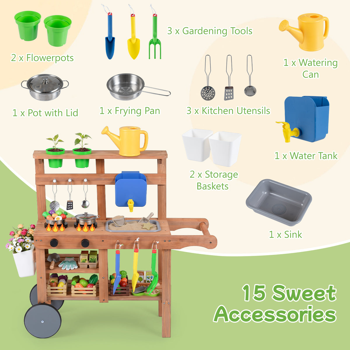 Rolling Outdoor Play Kitchen with Wheels for Boys Girls Ages 3 Plus