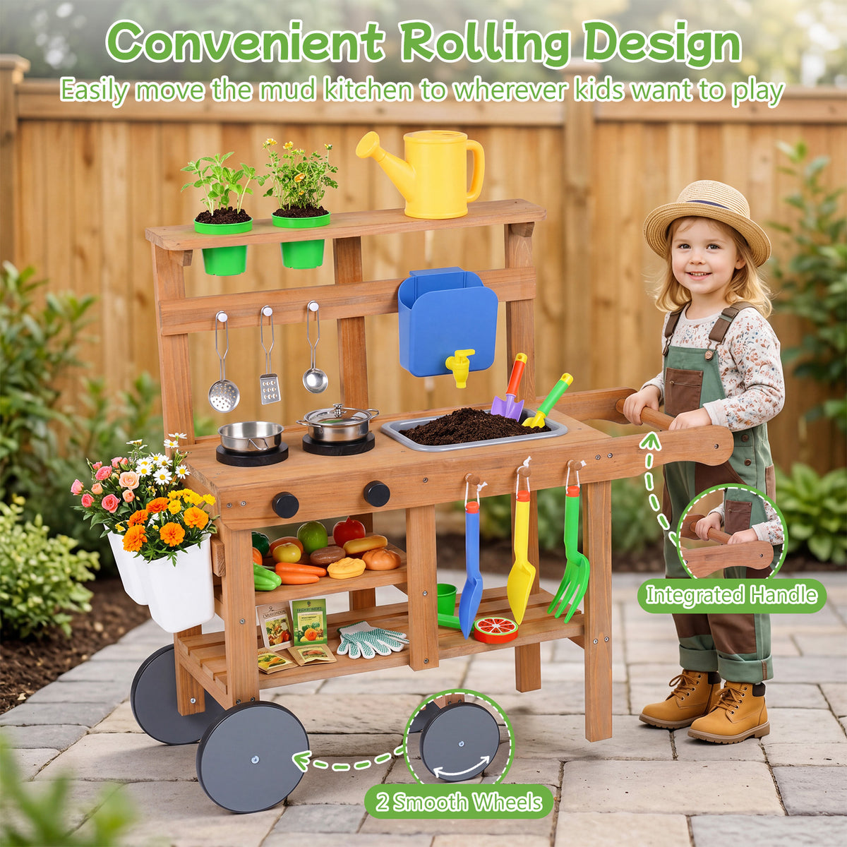 Rolling Outdoor Play Kitchen with Wheels for Boys Girls Ages 3 Plus