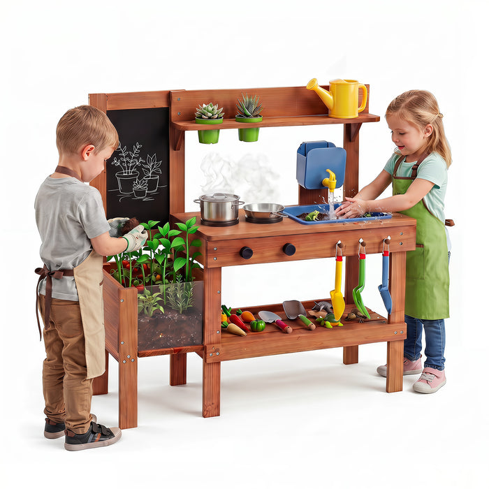 Kids Mud Kitchen Solid Wood with Planter Box Sink Stoves and Chalkboard