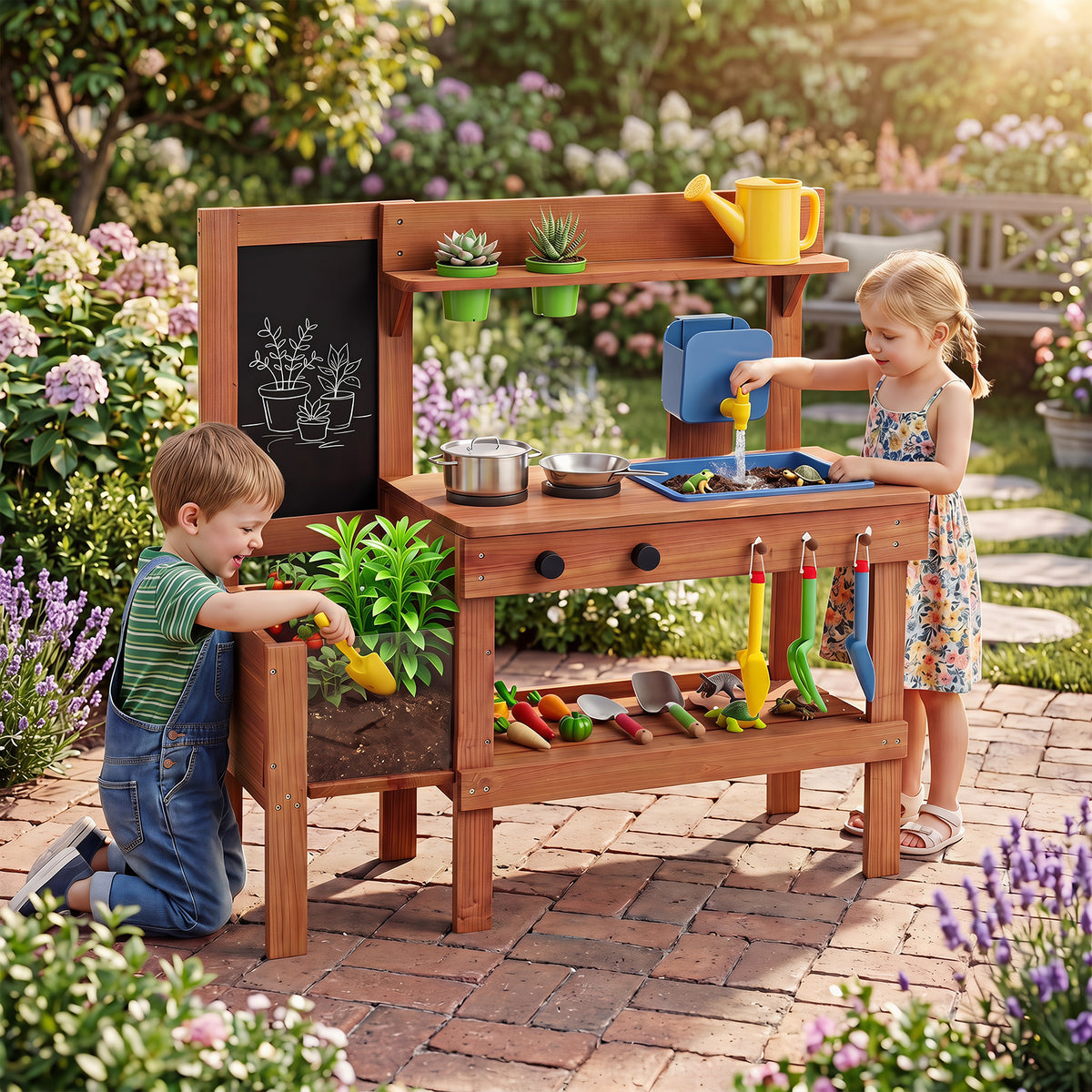 Kids Mud Kitchen Solid Wood with Planter Box Sink Stoves and Chalkboard