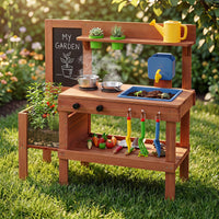 Kids Mud Kitchen Solid Wood with Planter Box Sink Stoves and Chalkboard