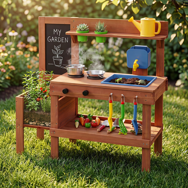 Kids Mud Kitchen Solid Wood with Planter Box Sink Stoves and Chalkboard