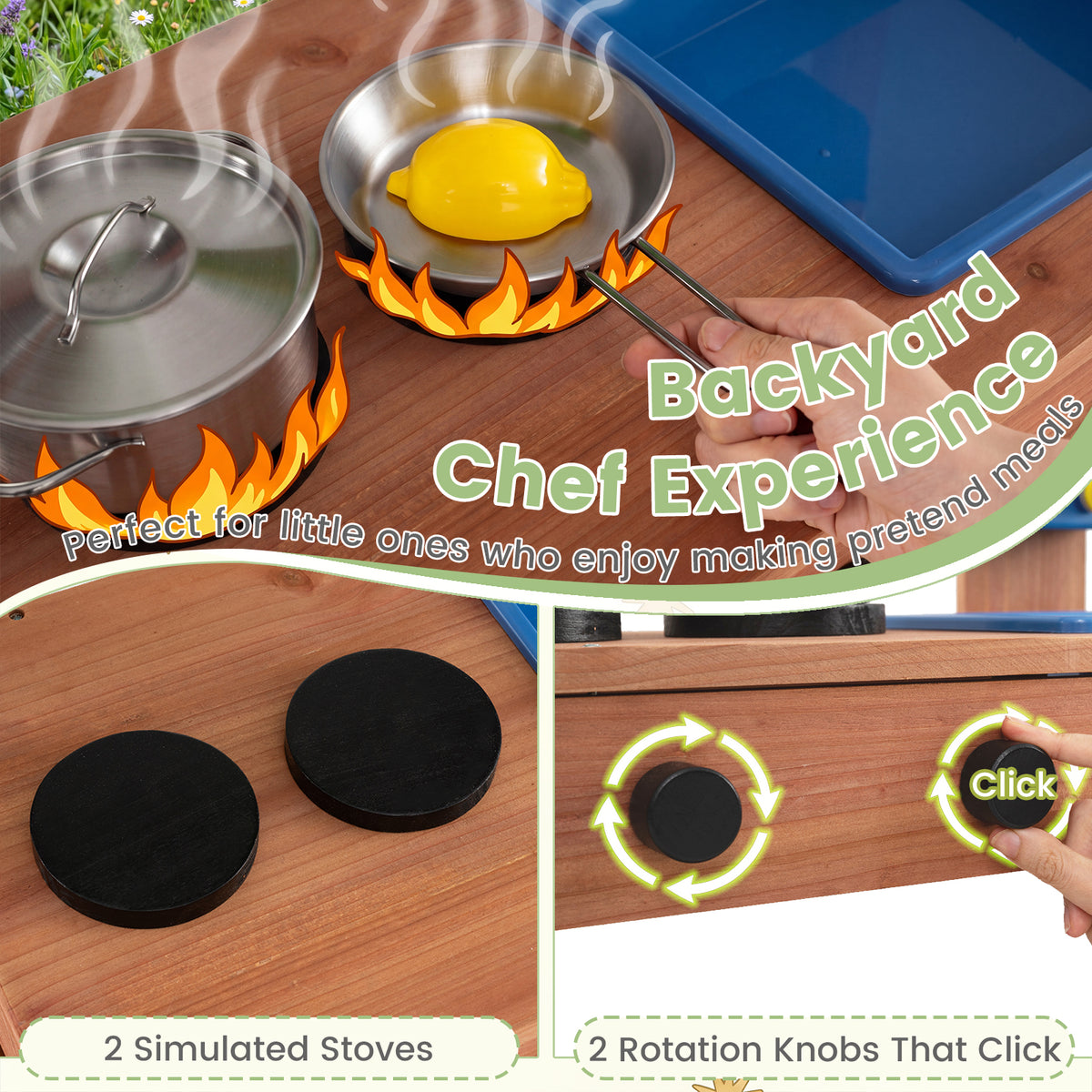 Kids Mud Kitchen Solid Wood with Planter Box Sink Stoves and Chalkboard