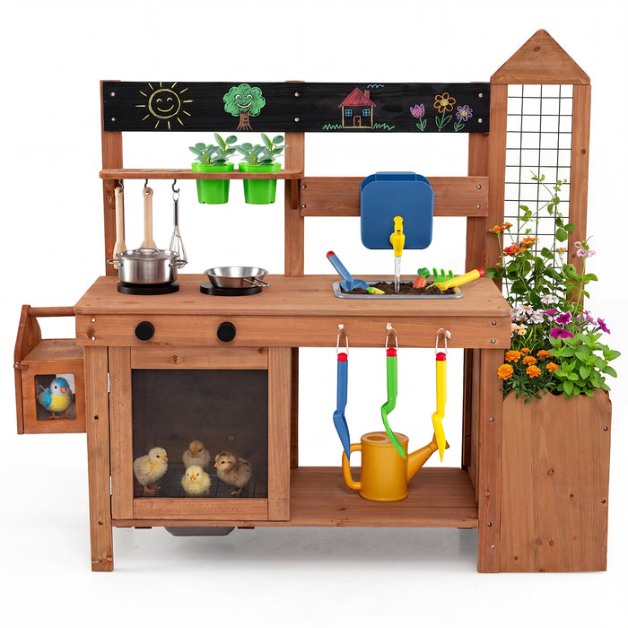 Kids Mud Kitchen, Solid Wood Toddler Kitchen Playset with Detachable Bird Cage