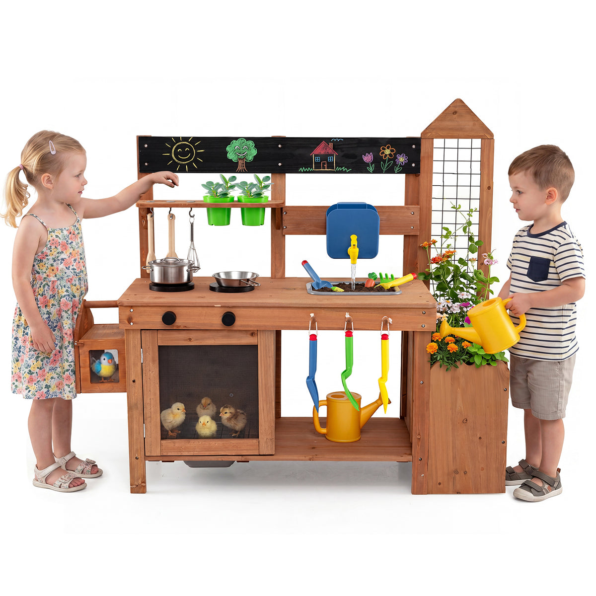 Kids Mud Kitchen, Solid Wood Toddler Kitchen Playset with Detachable Bird Cage