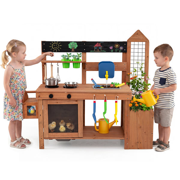 Kids Mud Kitchen, Solid Wood Toddler Kitchen Playset with Detachable Bird Cage