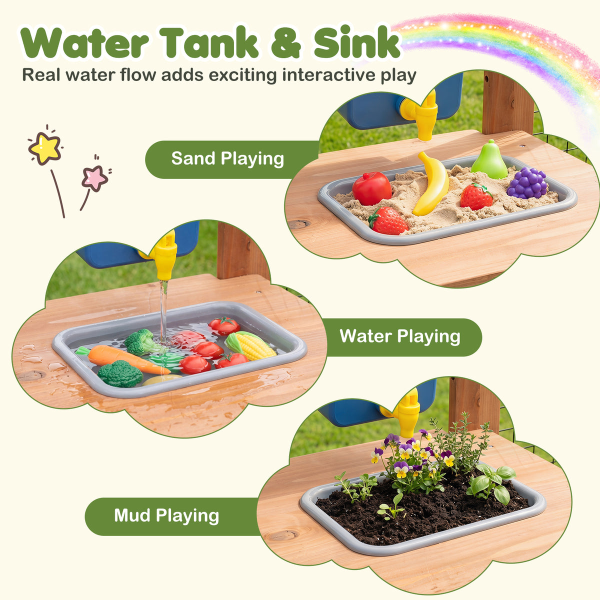 Kids Mud Kitchen, Solid Wood Toddler Kitchen Playset with Detachable Bird Cage