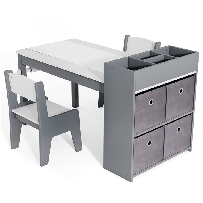 Wooden Kids Art Craft Study Table and Chairs Set with Paper Roll