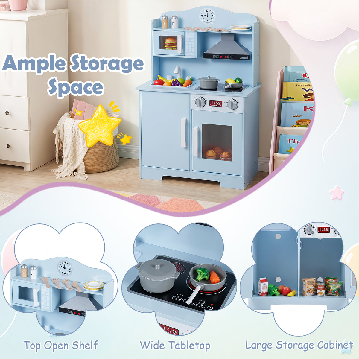 Play Kitchen for Kids, Wooden Kitchen Playset with Range Hood