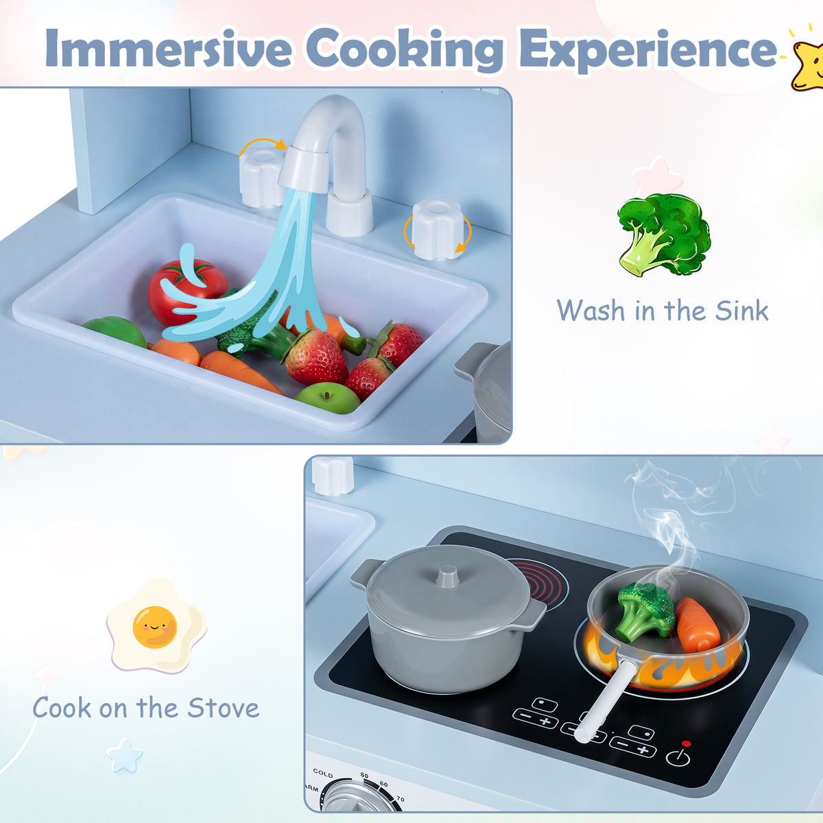 Play Kitchen for Kids, Wooden Kitchen Playset with Range Hood