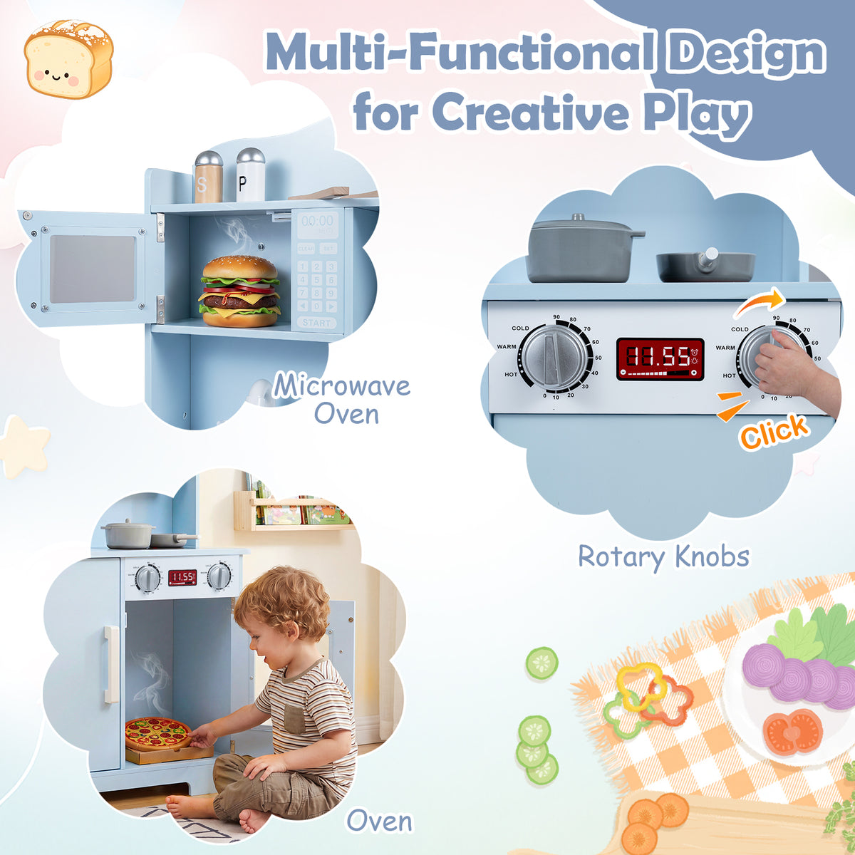 Play Kitchen for Kids, Wooden Kitchen Playset with Range Hood