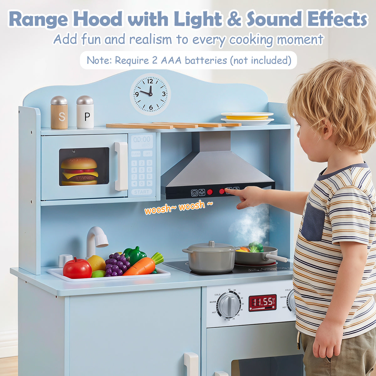 Play Kitchen for Kids, Wooden Kitchen Playset with Range Hood