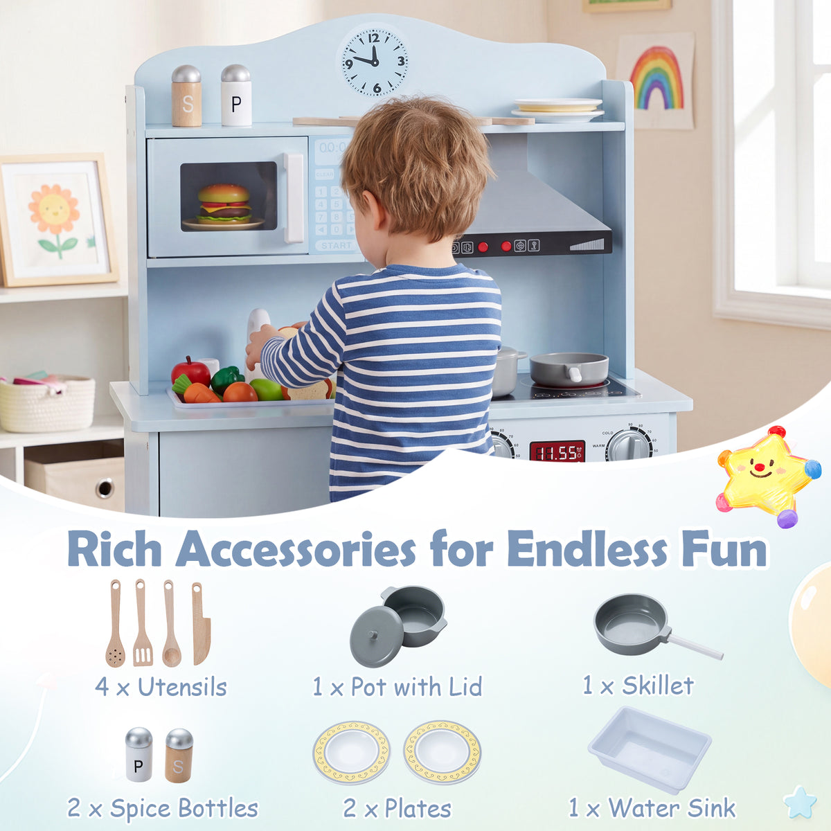 Play Kitchen for Kids, Wooden Kitchen Playset with Range Hood